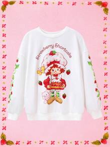 Strawberry Shortcake X SHEIN Áo nỉ dài tay in chữ hình quả dâu tây và nhân vật hoạt hình thường ngày cho nữ, màu trắng, thời trang xuân/thu - trắng - Xem 5
