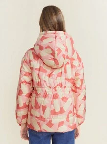 SHEIN 冬季 Tween Girl 休闲双色印花连帽棉服外套 - 粉色 - 查看 2