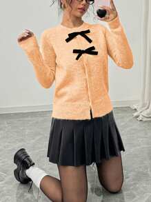 Elenzga Áo khoác cardigan dài tay phía trước có nơ trang trí thường ngày cho nữ, dáng rộng, mùa thu và đông - trái cam - Xem 3