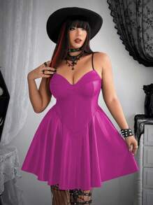 Flirla 加大码女式哥特式褶皱后背 A 字型 PU 无袖吊带裙，不含紧身胸衣哥特女装