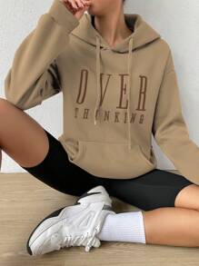 Lunelith SHEIN Lunessa Letter Print Pocket Decor Casual Hooded Long Sleeve Sweatshirt