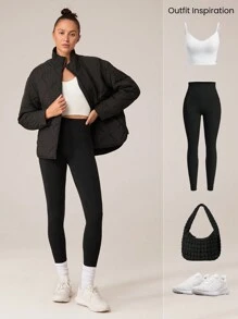 GLOWMODE 轻盈保暖哑光绗缝高领宽松弧形开衩下摆夹克，带按扣侧袋，日常休闲冬季 - 黑色 - 查看 6