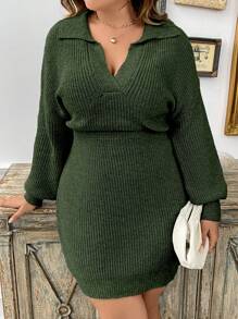 Celure 大码纯色套头毛衣裙，多种风格，休闲时尚，适合日常穿着，冬季 - 墨綠色 - 查看 4
