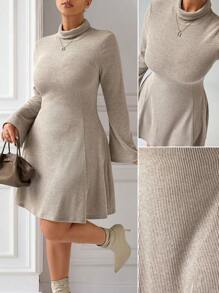 Calvaya Women Solid Color Knitted High Neck Flared Sleeve Dress - Apricot - View 1