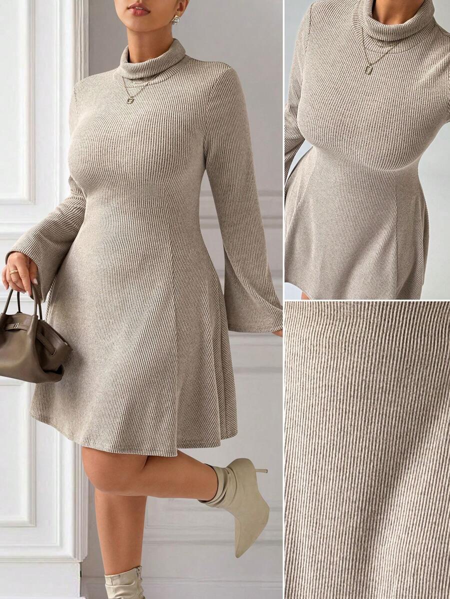 Calvaya Women Solid Color Knitted High Neck Flared Sleeve Dress - Apricot - View 1