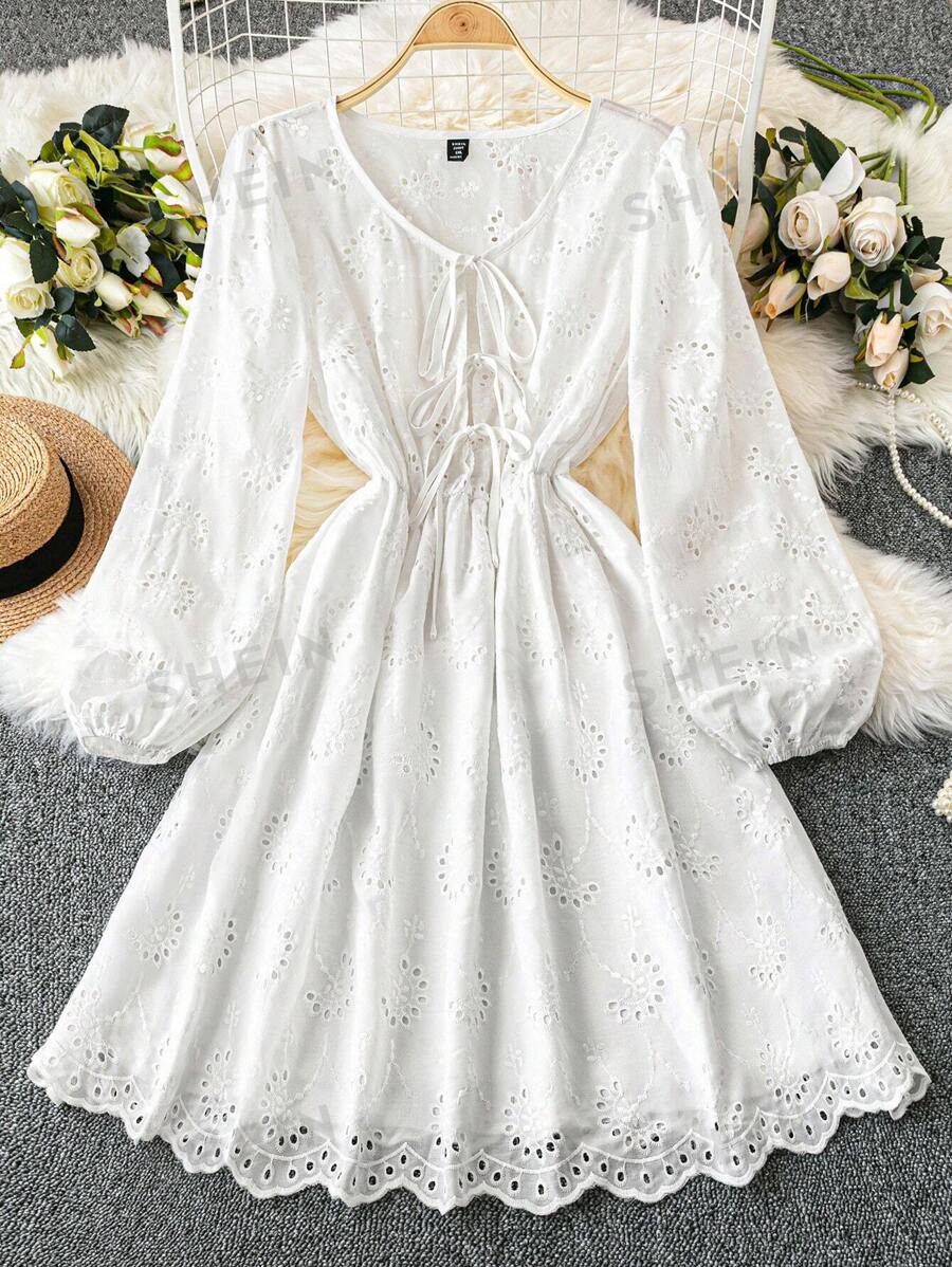 SHEIN Unity Vestido casual corto minimalista de talla grande, de unicolor, con pliegues y lazo delantero