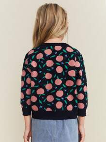 SHEIN Young Girl Black Casual Everyday Peach Pattern Round Neck Drop Shoulder Long Sleeve Loose Knitted Sweater, Autumn/Winter - Grey - View 2