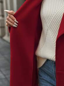 SHEIN LUNE 2024新款女士纯色时尚休闲通勤适合办公室长款保暖厚外套秋冬新年衣服 - 紅色 - 查看 3