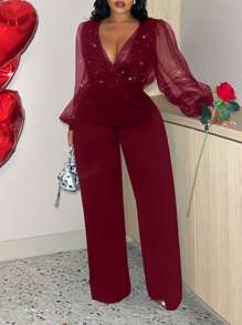 Slaydiva Kombinezon z brokatem i przezroczystym dekoltem w serek w dużym rozmiarze, gorący strój na wieczór walentynkowy - Burgund - Zobacz 6