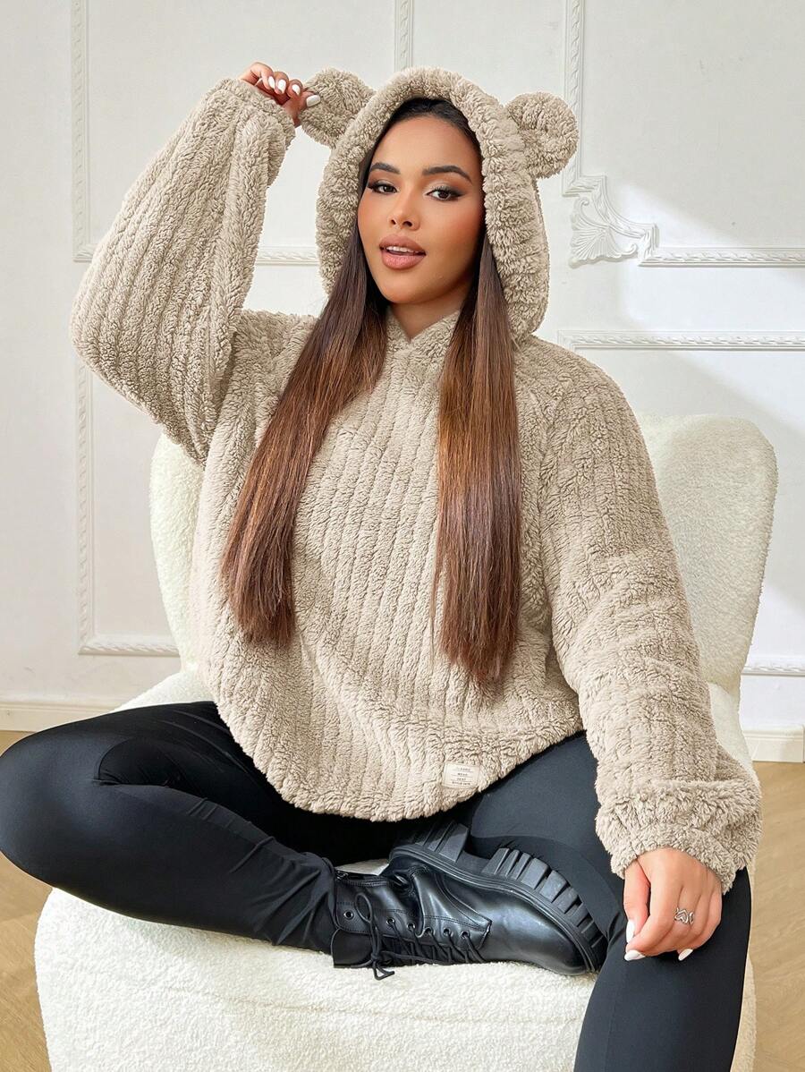 SHEIN EZwear Plus Size Women Furry Bear Ear Detail Long Sleeve Loose ...