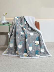 1 件卡通印花夏尔巴羊毛毯，厚法兰绒沙发毯，节日礼物，秋冬季 - 彩色 - 查看 1