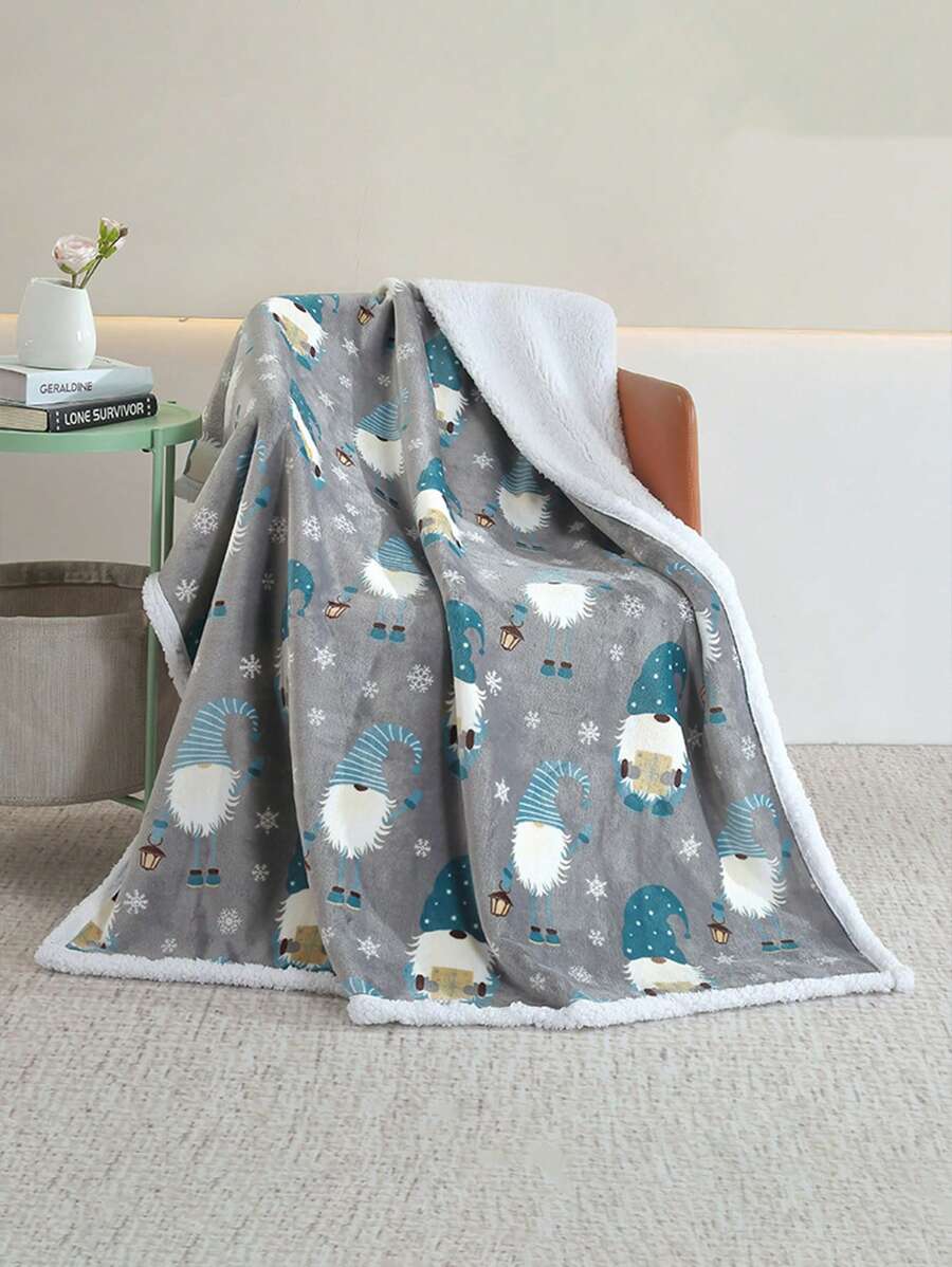 1 件卡通印花夏尔巴羊毛毯，厚法兰绒沙发毯，节日礼物，秋冬季 - 彩色 - 查看 1