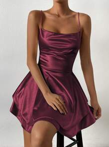 Allurite Solid Color Backless Knotted Sexy Sleeveless Cami Dress Mini Short Women Outfit - Coffee Brown - View 6