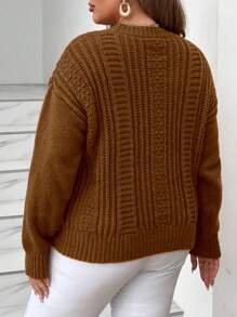 Calvaya Plus Size Solid Color Twist Knit Crew Neck Casual Pullover Sweater, For Winter Knit Pullover Fall - Brown - View 2