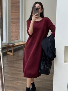 DAZY 纯色圆领女针织毛衣裙，休闲时尚日常穿搭，秋装红色女装连衣裙 - 酒紅色 - 查看 6
