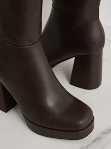 SHUZIA 厚底，方头，粗跟，棕色，软 PU，及膝，全长内拉链