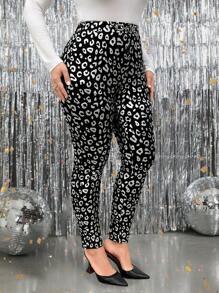 SHEIN Clasi 大码女式亮片和银箔装饰侧袋 3/4 紧身裤 - 黑色 - 查看 4