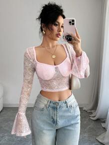 Chiquease 1-Piece Set Women's Pink Lace Transparent Solid Color Sweetheart Square Neck Fit Bell Long-Sleeved Top Hot Girl Suitable For Dating And Going Out To Take Photos As A Bottoming Spring And Summer Top Fall Cloth For Women