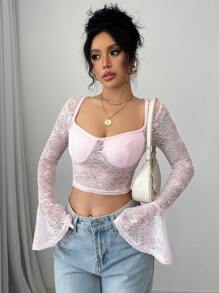 Chiquease 1-Piece Set Women's Pink Lace Transparent Solid Color Sweetheart Square Neck Fit Bell Long-Sleeved Top Hot Girl Suitable For Dating And Going Out To Take Photos As A Bottoming Spring And Summer Top Fall Cloth For Women
