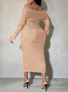 SHEIN SXY Đầm Maxi Ôm Dáng Tay Dài Trơn Hở Vai Cho Nữ Cỡ Lớn, Thanh Lịch - Màu be - Xem 2