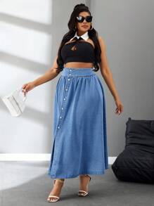 SHEIN SXY Plus Size Plain Front Button Up Casual Versatile Long Denim A-Line Skirt