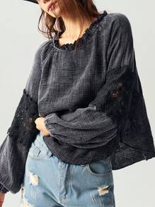 Bohemela 1 件女式休闲纯色宽松圆领长袖衬衫 - 黑色 - 查看 10