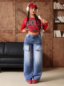 SHEIN EZwear 女士撞色口袋休闲宽松牛仔裤 - 藍色 - 查看 4
