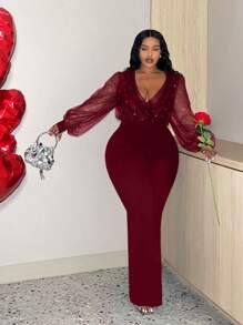 Slaydiva Kombinezon z brokatem i przezroczystym dekoltem w serek w dużym rozmiarze, gorący strój na wieczór walentynkowy - Burgund - Zobacz 3