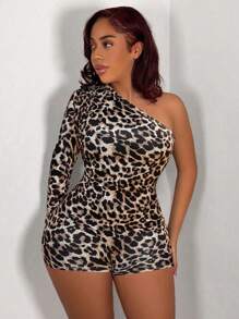 Slaydiva 全新性感优雅单肩露肩长袖修身迷你短裤豹纹女式连体裤