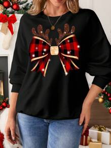 SHEIN LUNE Casual Bow & Antler Pattern Round Neck Long Sleeve Loose Women Hoodies, Autumn/Winter, Christmas