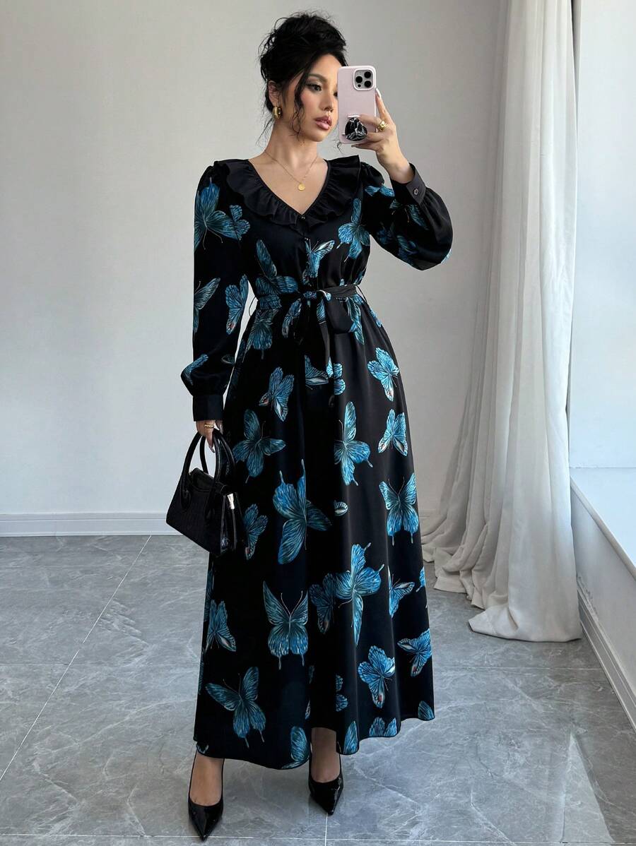 Chiquease Vestido midi con cuello en V, cintura ceñida, volantes en el bajo y estampado de mariposas - Elegante y vintage. Vestido maxi favorecedor para mujer, ropa de otoño