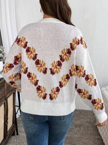 SHEIN LUNE Plus Size Women's Warm Comfortable Casual Western Style Floral Maple Leaf Autumn Pattern Jacquard Round Neck Pullover Autumn Winter Sweaterbusiness Casual Woman,Holiday Outfits,Country Tops