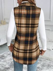 SHEIN LUNE Plaid Print Revers Voorkant Knoop Casual Mouwloos Vest Jasje
