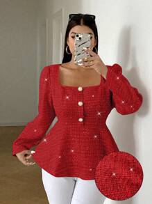 Flirla Plus Size Autumn/Winter Square Collar Textured Fabric Long Sleeve Shirt With Decorative Buttons And Peplum Hem, Elegant And Cute For Dating For New Year Clothes Peplum Top Fall Cloth For Women