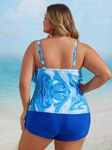 Swim Lushoire Plus Size Wavy Print Tankini Swimwear Set, Suitable For Summer Vacation And Beach - Blue - View 2