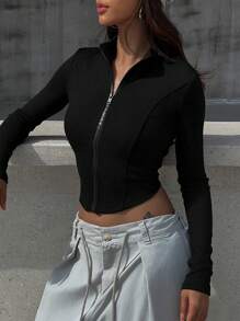 DAZY Áo khoác nữ dáng ngắn màu trơn khóa kéo phía trước nhẹ nhàng - màu đen - Xem 3