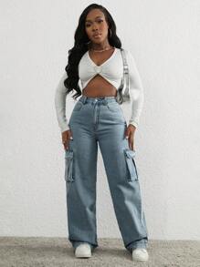 SHEIN Slayr Women's Casual Cargo Pocket High Waist Straight Leg Jeans