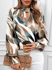 SHEIN Clasi 女士秋季休闲镂空花卉印花荷叶边领长袖衬衫，适合通勤和户外穿着 - 彩色 - 查看 5