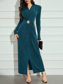 Modelyn 1pc Women Solid Color Twist Design V-Neck Elegant Long Sleeve Dress Long Evening Dresses - Teal Blue - View 5