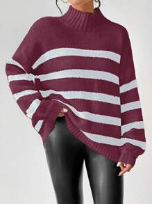 SHEIN Unity Casual Colorblock Striped Dropped Shoulder Knitted Sweater, Autumn/Winter For New Year Fall - Red - View 4