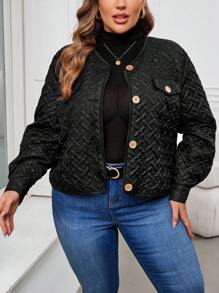 SHEIN Clasi Plus Size Winter Women Quilted Elegant Turnover Collar Short Jacket, Winter Coat