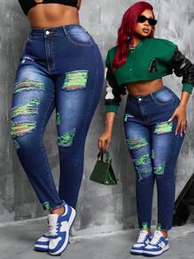 SHEIN SXY Plus Size High Stretch Elastyczna talia Kolorowa siateczka Podarte Obcisłe Seksowne Legginsy