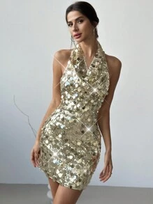 Firerie 新品优雅性感派对露背吊带迷你连衣裙配金色亮片，秋冬 - 金色 - 查看 3