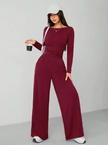 SHEIN PETITE Conjunto de dos piezas informal y cómodo para otoño e invierno, compuesto por top entallado de punto + pantalón de pierna ancha en gris oscuro