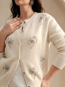 Anewsta Heavily Hand-Embroidered Diamond Decor Plus Size Open-Front Knitted Cardigan