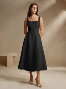 Anewsta French Style Black Square Neck Strap A-Line Cinched Waist Flattering Dress Maxi Women Outfit