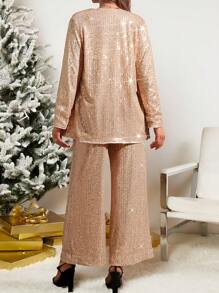 SHEIN Clasi 优雅精致的闪光开衫和飘逸长裤女士两件套冬季女装两件套圣诞女装女士两件套圣诞派对礼服圣诞女装圣诞服装圣诞派对套装 - 香檳色 - 查看 2