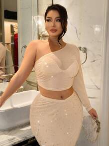 SHEIN SXY Blusa de manga larga de un solo hombro en color champán con decoración de malla y cristales, para fiestas y año nuevo, tallas grandes para mujeres