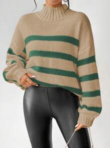 SHEIN LUNE Striped Pattern Stand Collar Casual All-Match Long Sleeve Pullover Sweater Knit Pullover Fall Winter - Brown - View 4