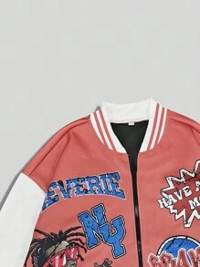 ROMWE MEN Street Life Chaqueta de béisbol de manga larga con estampado de letras y personajes de dibujos animados para hombre, estilo callejero, para otoño - Multicolor - Ver 4